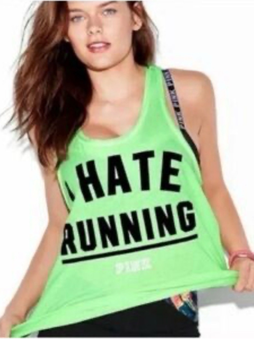 💚PINK Victorias Secret Racerback Neon I Hate Running Tank Tee